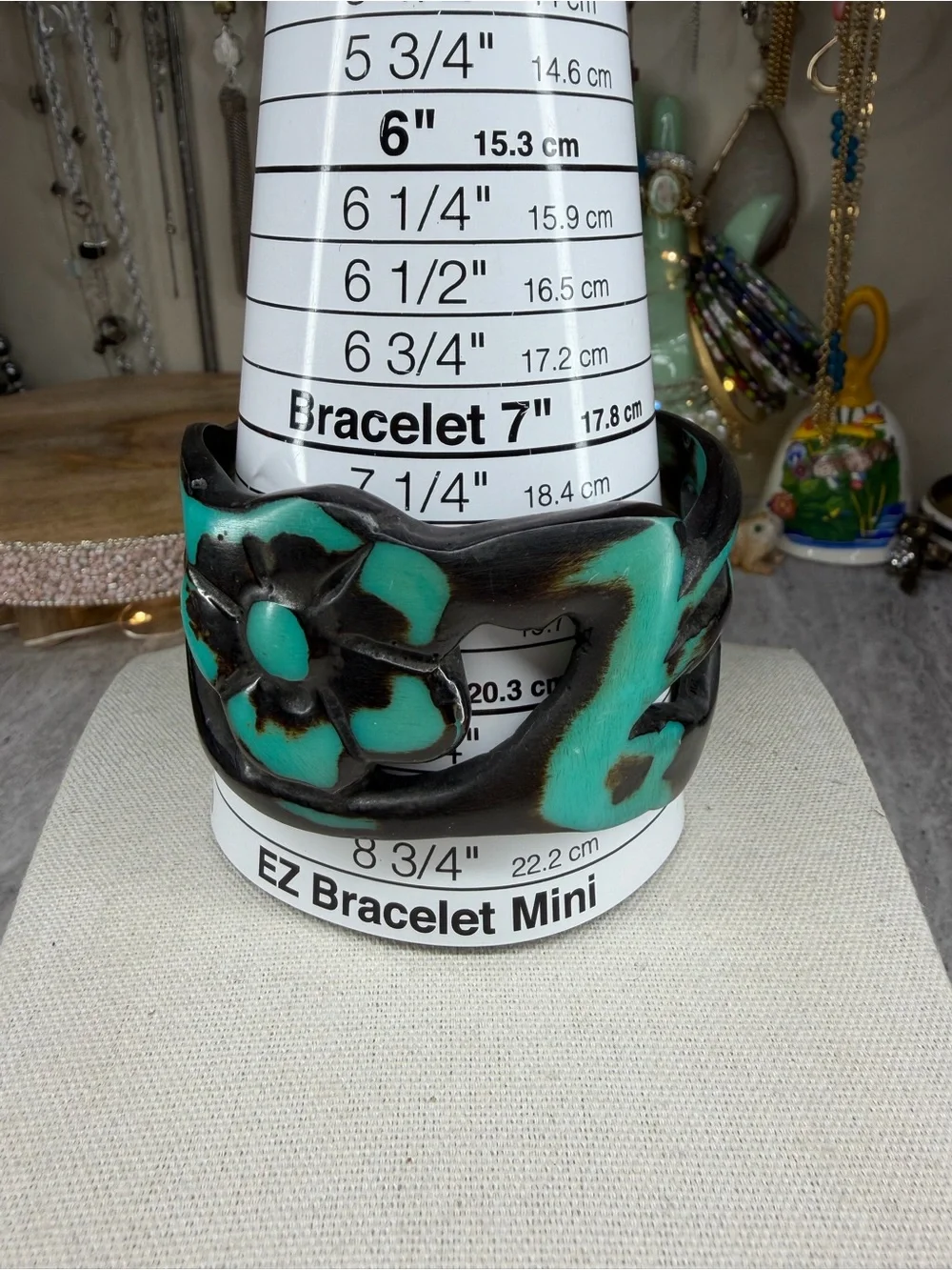 Vintage Resin Bangle 8 Flower Brown Teal Floral Carved Jewelry Chunky Retro